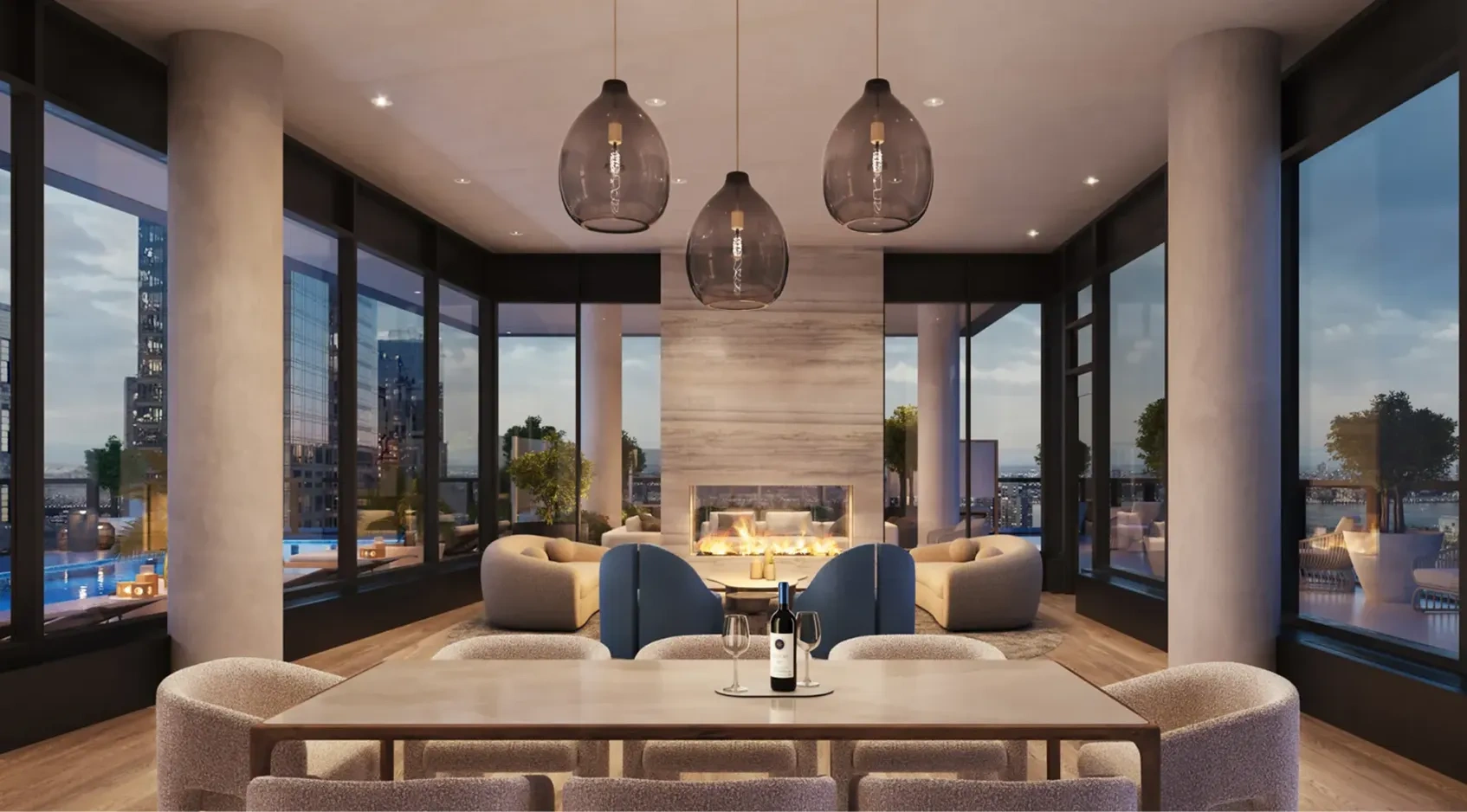 <h3 style="text-align: center;">Sky-High Thrills</h3>

<p style="text-align: center;">Suffused with natural light and perched above the city, the Sun Room is an exclusive paradise with Hudson River views. Seamlessly connecting indoor and outdoor spaces, a double-sided fireplace sits at the heart of the lounge. The living room and dining area amplify a classic, modern feel.</p>
